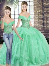 Designer Beading and Ruffles Sweet 16 Dresses Apple Green Lace Up Sleeveless Floor Length