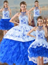 Spectacular Blue And White Quinceanera Dresses Sweet 16 and Quinceanera with Embroidery and Ruffles Halter Top Sleeveless Lace Up