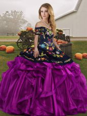 On Sale Black And Purple Sweet 16 Dress Military Ball and Sweet 16 and Quinceanera with Embroidery and Ruffles Off The Shoulder Sleeveless Lace Up