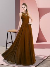 Brown Empire Scoop Sleeveless Chiffon Floor Length Zipper Lace Evening Dress