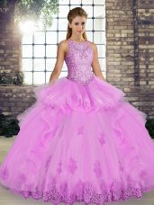 Lilac Lace Up Quince Ball Gowns Lace and Embroidery and Ruffles Sleeveless Floor Length