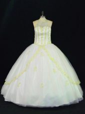 Yellow And White Lace Up Quinceanera Gowns Appliques Sleeveless Floor Length