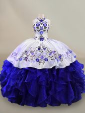 Blue And White Lace Up Halter Top Embroidery and Ruffles Ball Gown Prom Dress Organza Sleeveless
