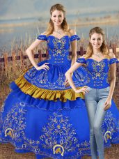 Custom Design Floor Length Blue Vestidos de Quinceanera Off The Shoulder Sleeveless Lace Up
