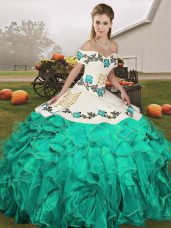 Turquoise Sleeveless Organza Lace Up Quinceanera Dress for Military Ball and Sweet 16 and Quinceanera