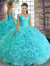 Fabulous Aqua Blue Sleeveless Floor Length Beading Lace Up Vestidos de Quinceanera