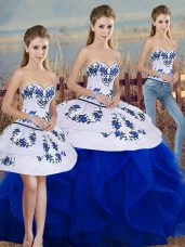 Royal Blue Lace Up Sweetheart Embroidery and Ruffles and Bowknot Quinceanera Gown Tulle Sleeveless