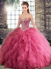 Watermelon Red Tulle Lace Up Sweetheart Sleeveless Floor Length Quinceanera Dresses Beading and Ruffles