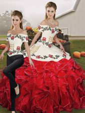 White And Red Off The Shoulder Lace Up Embroidery and Ruffles Sweet 16 Dress Sleeveless