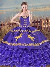 Purple Lace Up Sweetheart Embroidery and Ruffled Layers Vestidos de Quinceanera Organza Sleeveless Brush Train