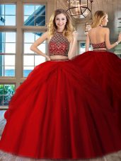 High End Sleeveless Floor Length Beading Backless Sweet 16 Quinceanera Dress with Red