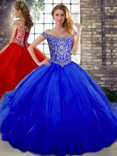 Royal Blue Sleeveless Tulle Lace Up 15th Birthday Dress for Military Ball and Sweet 16 and Quinceanera