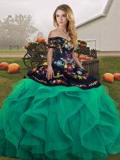 Off The Shoulder Sleeveless Tulle Sweet 16 Dress Embroidery and Ruffles Lace Up