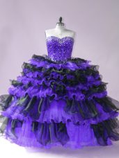 Captivating Black And Purple Lace Up Sweet 16 Dress Beading and Ruffled Layers Sleeveless Floor Length