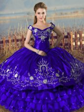 Fabulous Sleeveless Floor Length Embroidery and Ruffled Layers Lace Up Quinceanera Dress with Purple