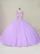 Lavender Ball Gowns Beading Sweet 16 Quinceanera Dress Lace Up Tulle Sleeveless Floor Length