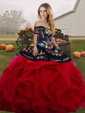 High Quality Red And Black Sleeveless Floor Length Embroidery and Ruffles Lace Up Ball Gown Prom Dress