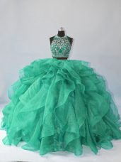 Turquoise Ball Gowns Organza Halter Top Sleeveless Beading and Ruffles Backless Ball Gown Prom Dress Brush Train