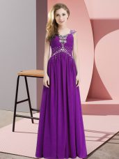 Exquisite Chiffon Straps Cap Sleeves Lace Up Beading Evening Dress in Eggplant Purple