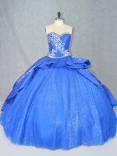 Customized Blue Sleeveless Beading and Embroidery Lace Up Sweet 16 Dress