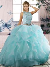 Superior Aqua Blue 15th Birthday Dress Sweet 16 with Beading and Ruffles Scoop Sleeveless Zipper