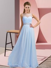 Blue Chiffon Backless Prom Party Dress Sleeveless Floor Length Beading