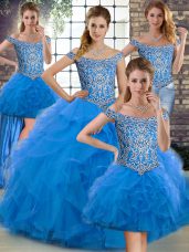 Blue Sleeveless Brush Train Beading and Ruffles 15th Birthday Dress