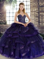 Purple Ball Gowns Beading and Ruffles 15th Birthday Dress Lace Up Tulle Sleeveless Floor Length