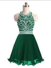 Halter Top Sleeveless Prom Dress Mini Length Beading Green Chiffon