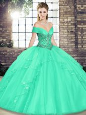 Suitable Apple Green Sweet 16 Dresses Military Ball and Sweet 16 and Quinceanera with Beading and Ruffles Off The Shoulder Sleeveless Lace Up
