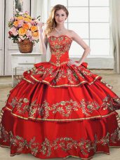 Sophisticated Satin and Organza Sweetheart Sleeveless Lace Up Embroidery and Ruffled Layers Sweet 16 Quinceanera Dress in Red