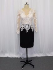 White And Black Satin Zipper Prom Party Dress Long Sleeves Mini Length Lace