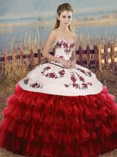 Custom Designed White And Red Sleeveless Embroidery and Ruffled Layers and Bowknot Floor Length 15th Birthday Dress
