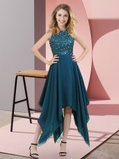 Hot Selling Teal Chiffon Zipper Club Wear Sleeveless Asymmetrical Beading and Sequins