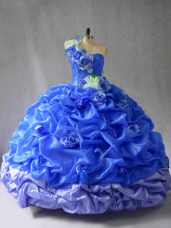 Floor Length Lace Up Quinceanera Dresses Blue for Sweet 16 and Quinceanera with Pick Ups and Hand Made Flower