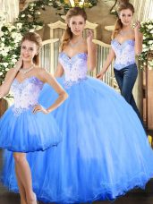 Custom Designed Blue Sleeveless Tulle Lace Up Ball Gown Prom Dress for Sweet 16 and Quinceanera