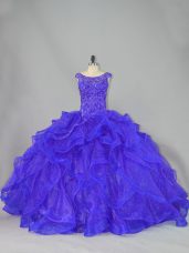 Sleeveless Brush Train Beading and Ruffles Lace Up Ball Gown Prom Dress