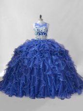 Inexpensive Sleeveless Beading and Ruffles Zipper Quinceanera Gowns with Blue Brush Train