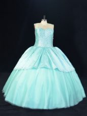 Great Beading Quinceanera Gowns Aqua Blue Lace Up Sleeveless Floor Length
