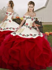 Chic White And Red Quinceanera Gowns Military Ball and Sweet 16 and Quinceanera with Embroidery and Ruffles Off The Shoulder Sleeveless Lace Up