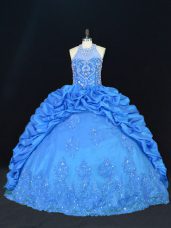 Sexy Beading and Appliques and Embroidery and Pick Ups Vestidos de Quinceanera Blue Lace Up Sleeveless Floor Length