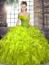 Sophisticated Olive Green Organza Lace Up Ball Gown Prom Dress Sleeveless Floor Length Beading and Ruffles
