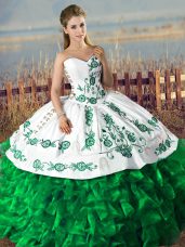 Dark Green Satin and Organza Lace Up Sweetheart Sweet 16 Quinceanera Dress Embroidery and Ruffles