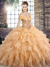 Brush Train Ball Gowns Quinceanera Gown Gold Off The Shoulder Organza Sleeveless Lace Up