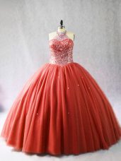 Traditional Sleeveless Brush Train Lace Up Beading Quinceanera Dress