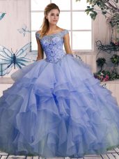 Lavender Organza Lace Up Off The Shoulder Sleeveless Floor Length Quinceanera Gowns Beading and Ruffles