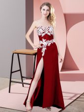 Comfortable Red Column/Sheath Chiffon Sweetheart Sleeveless Lace and Appliques Floor Length Zipper Dress for Prom
