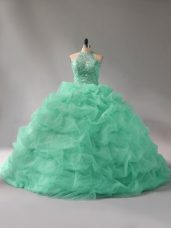 Superior Apple Green Organza Lace Up Sweet 16 Dresses Sleeveless Court Train Beading and Pick Ups