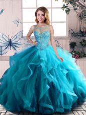 Scoop Sleeveless Lace Up Quinceanera Dress Aqua Blue Tulle