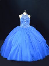 Delicate Blue Tulle Lace Up 15th Birthday Dress Sleeveless Floor Length Beading